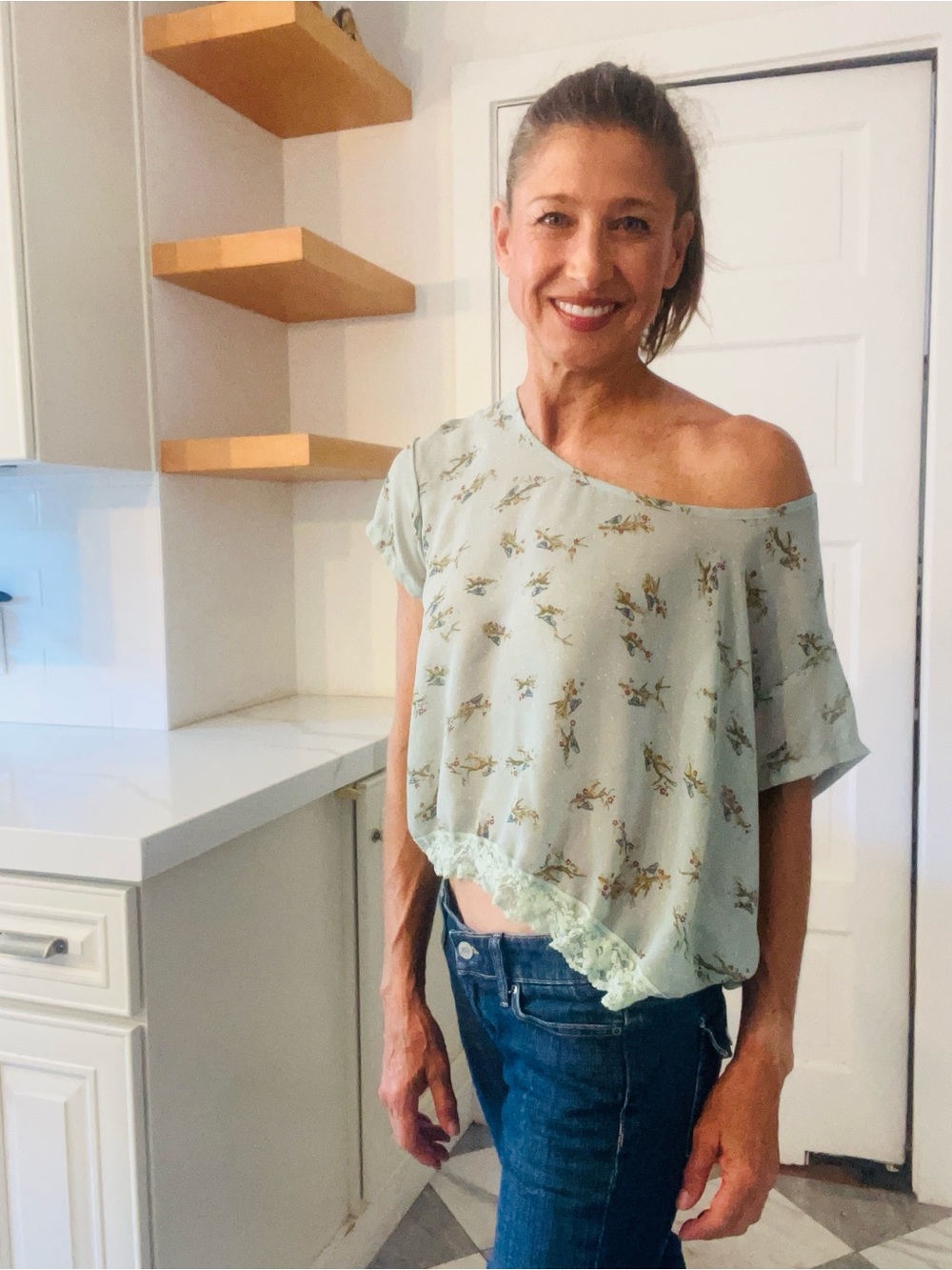 Nine Bird Sage Green Bird Print Lace Hem Blouse Size M Cottagecore Boho